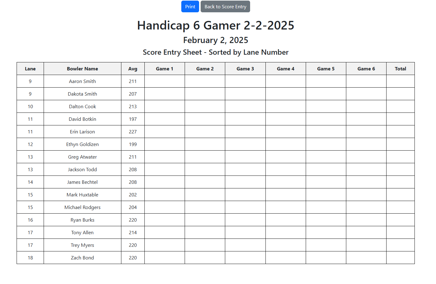 Score Collection Sheet